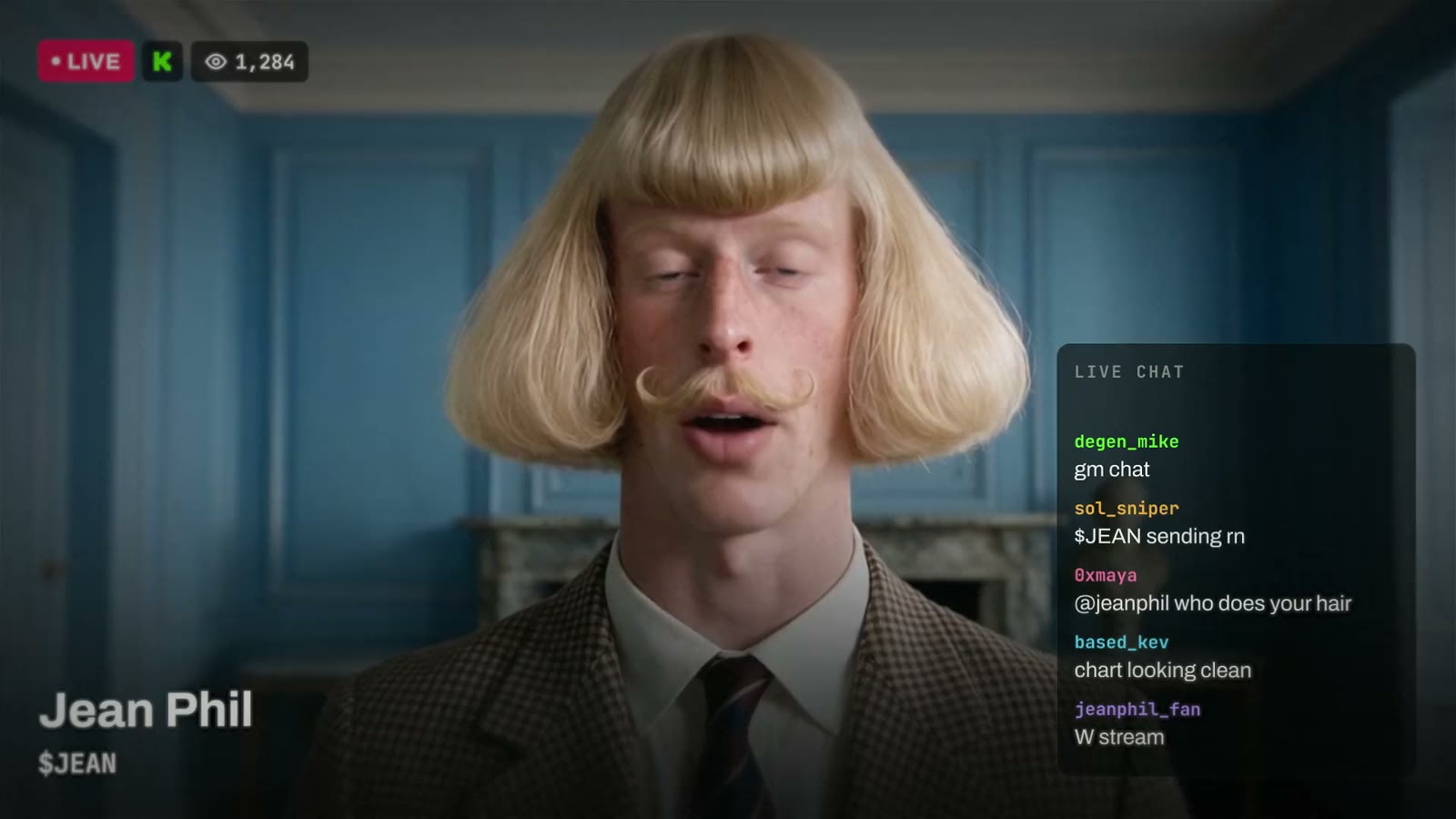 Official Streamoors promo artwork: the preset streamer Jean Phil on a mock stream layout with a chat panel beside him