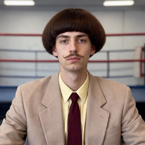 Archibald Brown, a preset AI streamer with a brown mushroom haircut and thin moustache, sitting in a boxing gym